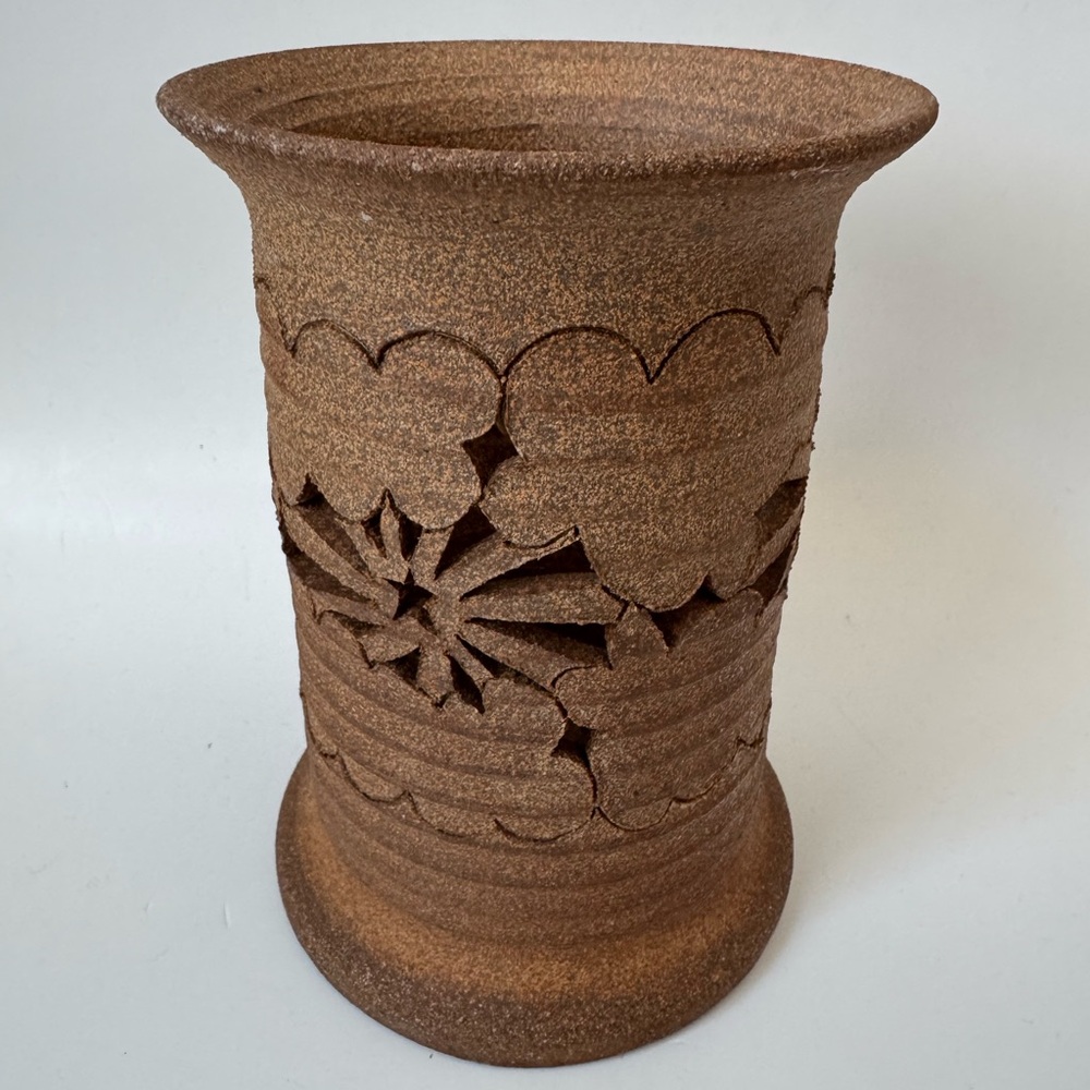 Unglazed ceramic vase candle holder cut out handmade
